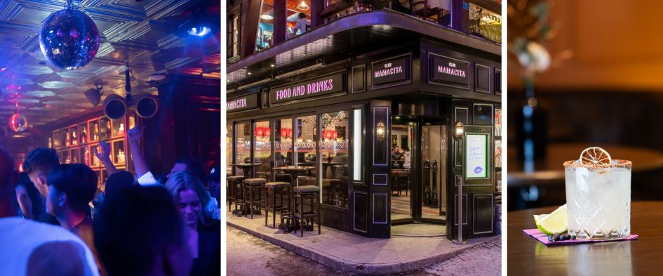 Zermatt is one of the best ski resorts for nightclubs, with a collage of Club Mama cita seen here: Partying under the discoball (left), exterior shot (middle), and a cocktail (right). 