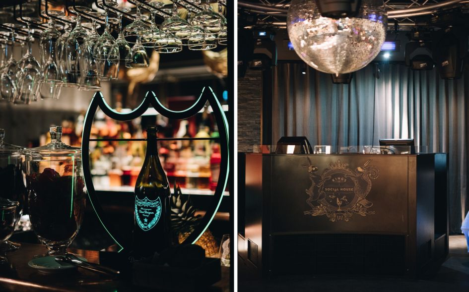 A bottle of Dom Perignon (left) and the DJ deck and glitterball (right) at King's Soial House, one of the fanciest nightclubs in ski resorts to be found in St Moritz.