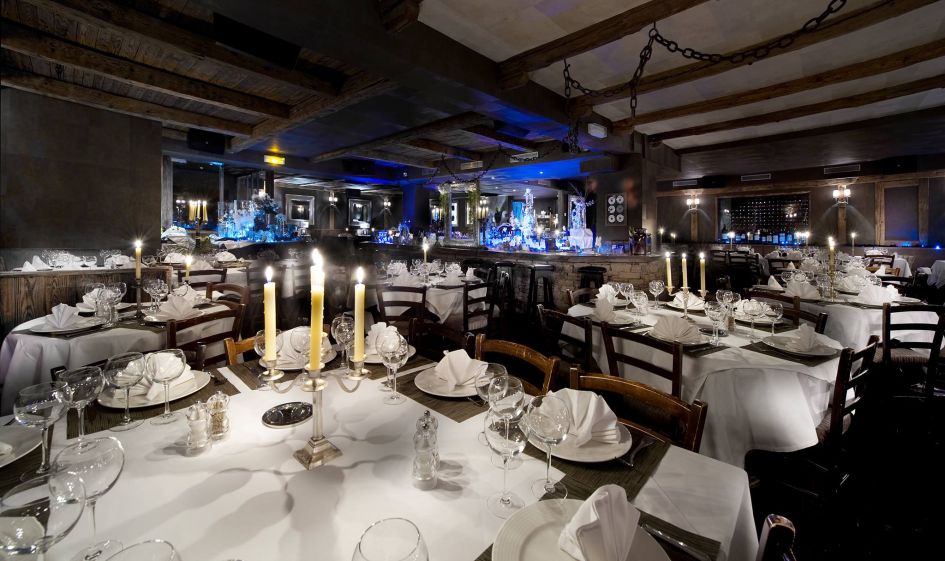 La Mangeoire is both a restaurant and a nightclub in Courchevel 1850, seen here set up for dinner service before the party begins.