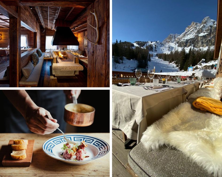 One of the best mountain restaurants in Italy, in this collage you can see the Larin table, the terrace with slopes behind, and a dish of foie gras being plated at Baita Piè Tofana in Cortina. 