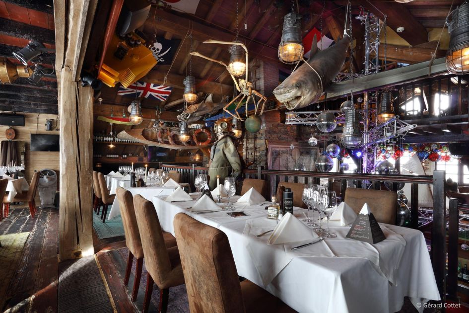 The nautical themed decor of the interiors of Cap Horn, a mountain restaurant in Courchevel 1850.