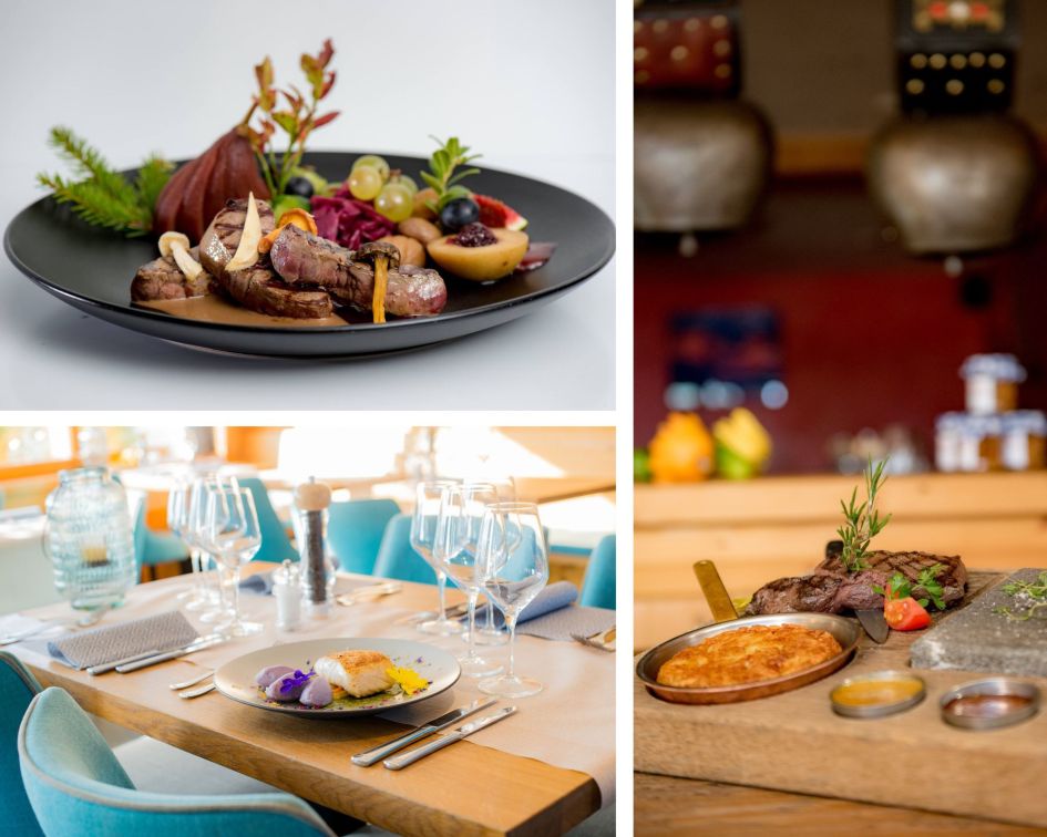 A collage of some of the amazing dishes on offer at Le Carrefour, one of the best mountain restaurants in Verbier. 