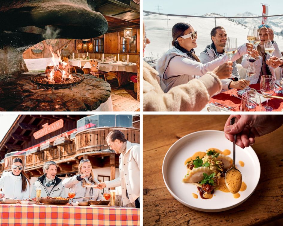 A collage of four images of the Hospiz Alm, a mountain restaurant in St Anton. Top left going clockwise shows the traditional restaurant interiors with fireplace, oysters and champagne on the terrace with the slopes behind, a gourmet dish being plated up, and lunch on the terrace with the restaurant in the background.