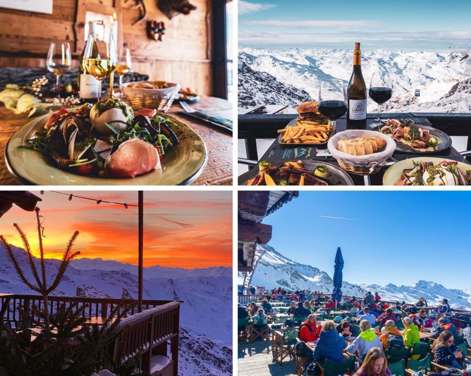 A collage of the food and views from the terrace, including at sunset, at Les Aiguilles de Peclet, one of the best mountain restaurants in the Three Valleys.