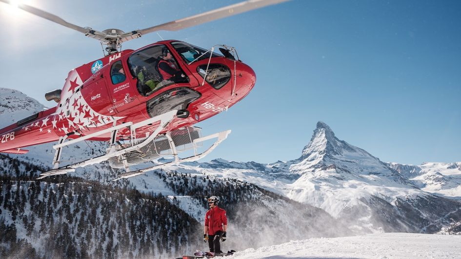 Heliskiing in Zermatt, with the Matterhorn in the background.