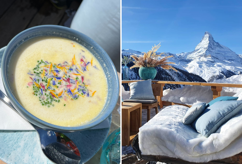 Dish at @Paradise (left) and the terrace view of the Matterhorn (right)